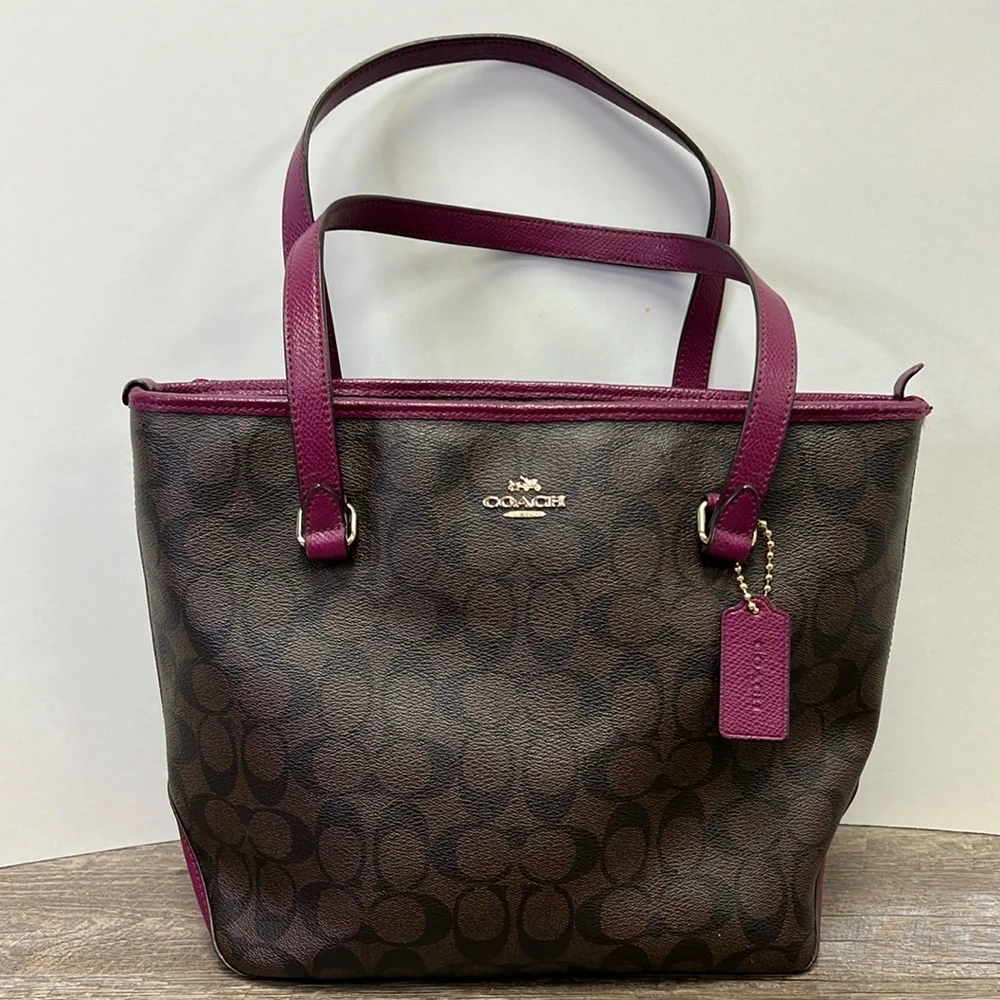 SOLD IN STORE Coach Signature Stitching Tote Brown/Magenta - Picture 1 of 16